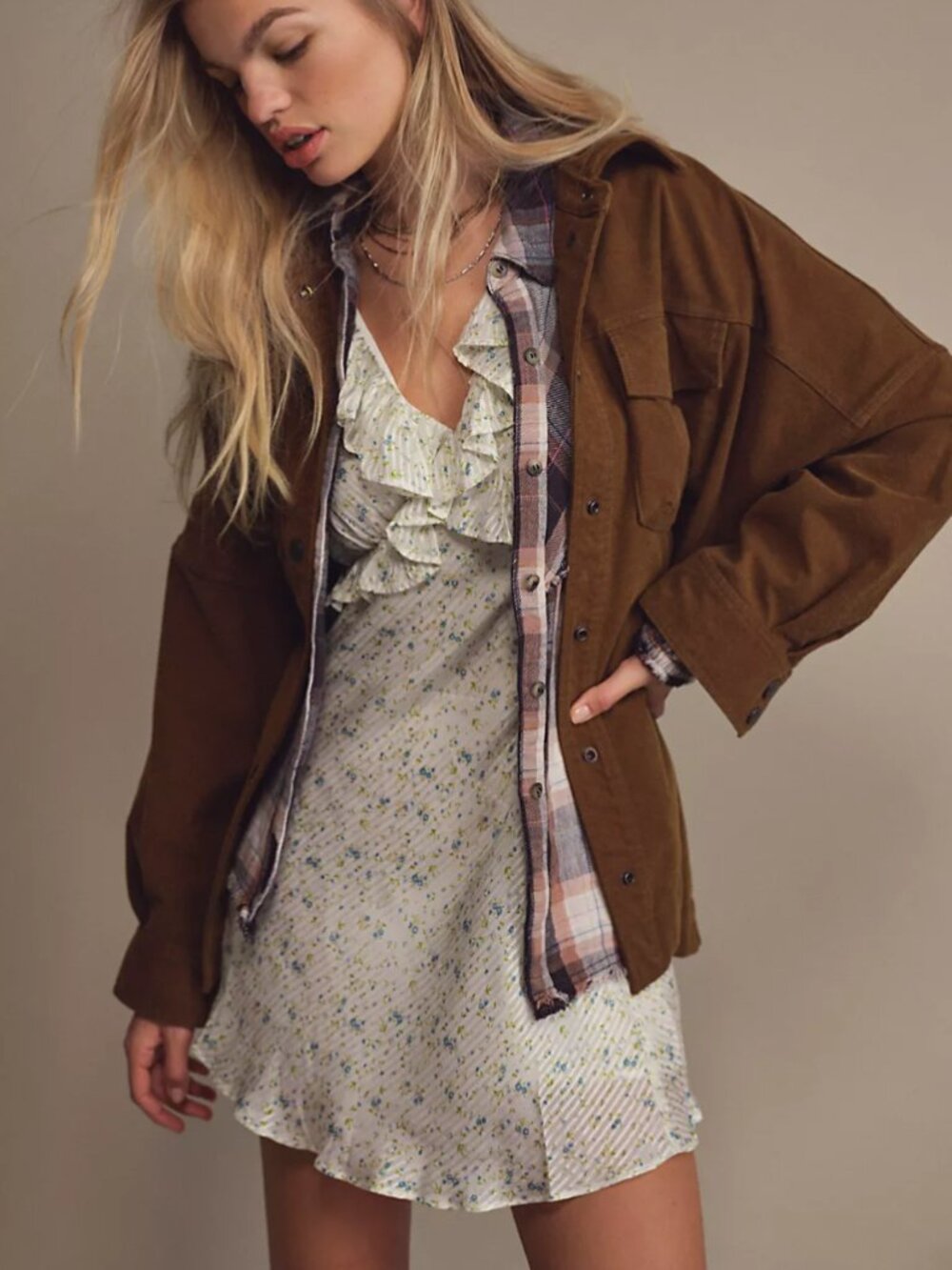 Free People Clyde Shirt Jacket in Olive Brown